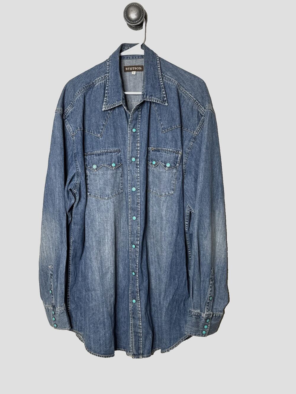 Stetson Shirt Mens XL Blue Denim Pearl Snap Turquoise Long Sleeve Western